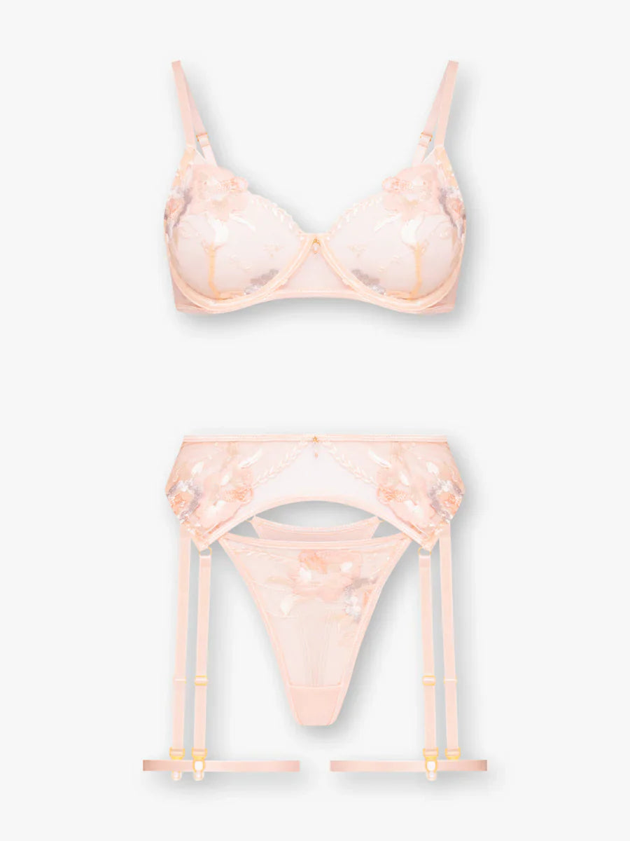 Elegancia şeftali balenli çiçekli jartiyer takımı genel görünüm, şık ve dantelli iç giyim seti